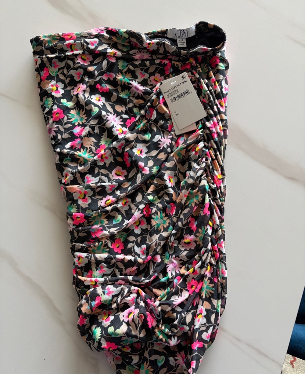 AFRM Black Floral Ruched Mini Skirt with Pink & Green Accents